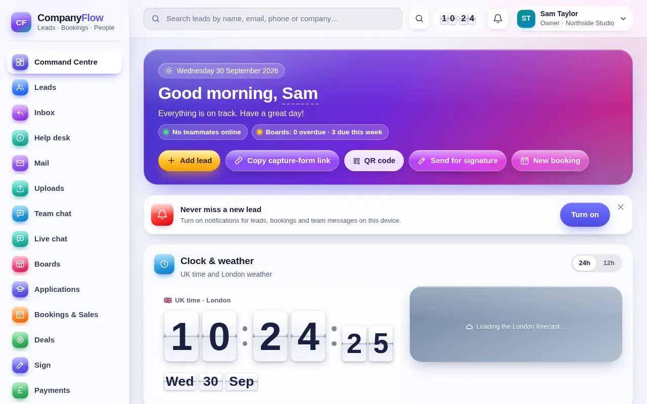 CompanyFlowHQ: Your day at a glance