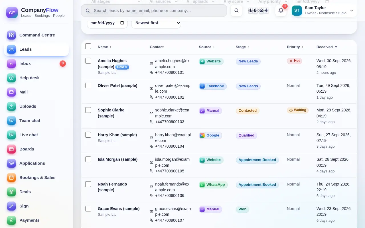 CompanyFlowHQ: Every enquiry in one pipeline
