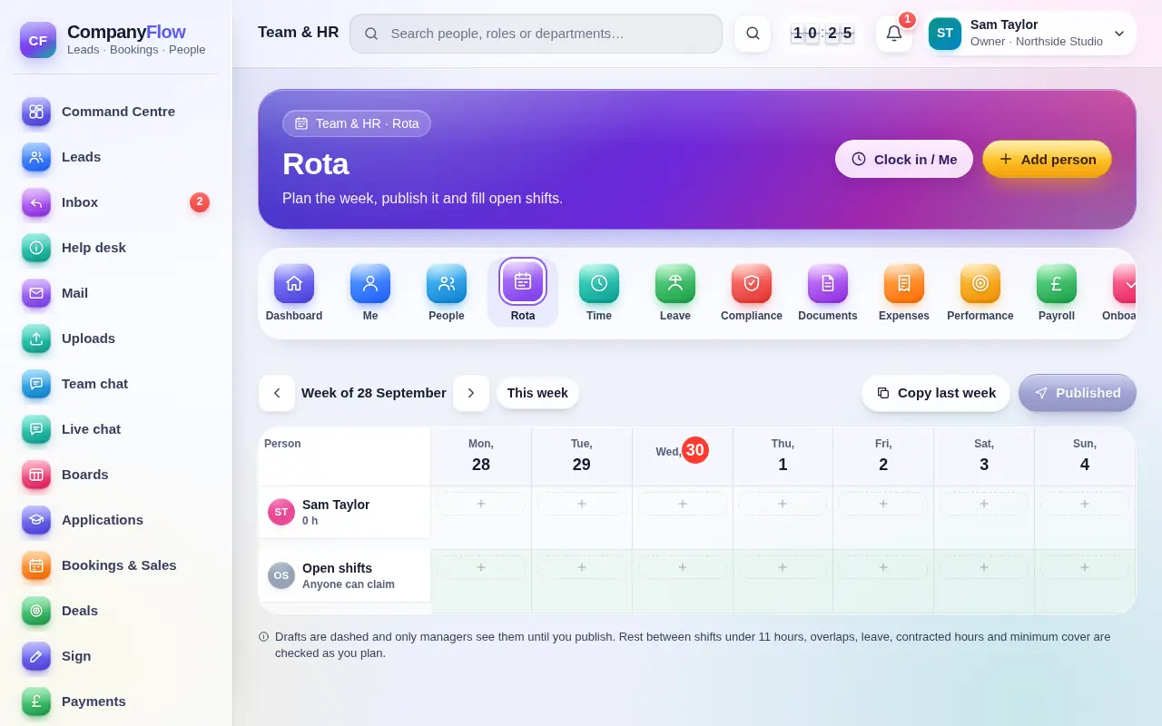 CompanyFlowHQ: Team, rota and holidays